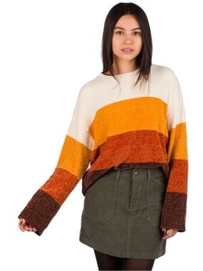 Volcom Striped Crewneck Sweater in Cream, Mustard, Rust & Brown Medium